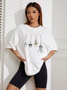 SHEIN EZwear Plants Print Drop Shoulder Tee - White - View 3