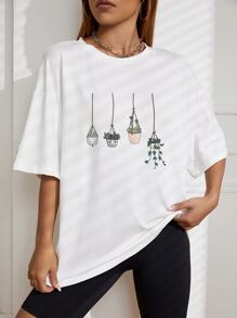 SHEIN EZwear Plants Print Drop Shoulder Tee - White - View 4