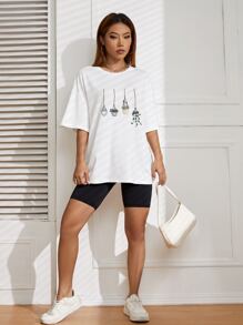 SHEIN EZwear Plants Print Drop Shoulder Tee - White - View 5