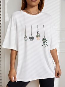 SHEIN EZwear Plants Print Drop Shoulder Tee - White - View 6