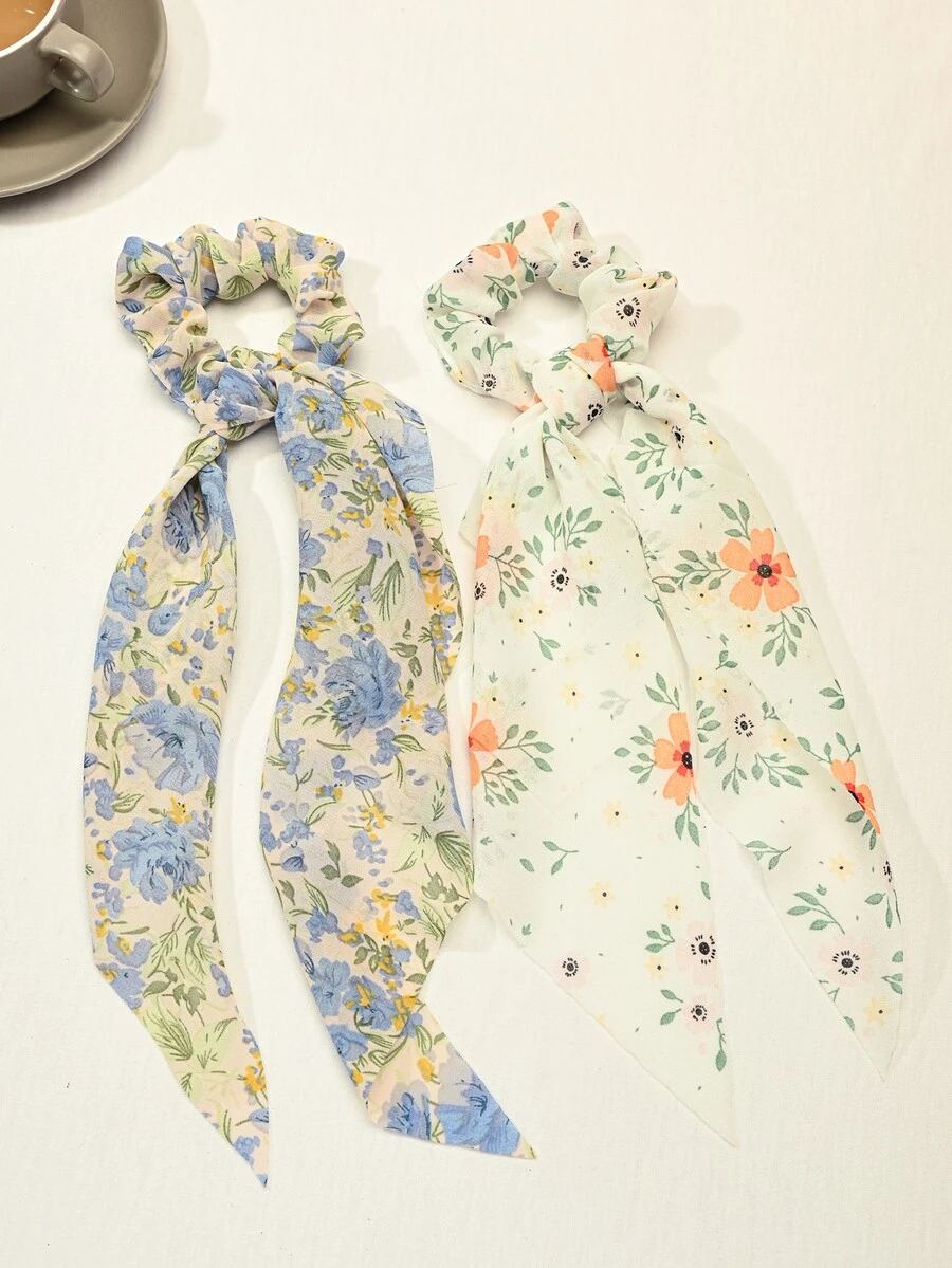 2pcs Floral Pattern Scarf Hair Tie - Multicolor - View 1