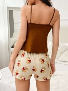 Cartoon Graphic Cami Top & Bow Front Shorts PJ Set / Pajama Set - Brown - View 2