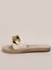 Vacation Slide Sandals For Women, Quilted Pattern Chain Decor Single Band Flat Sandals - Beige - View 3