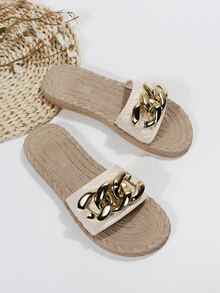 Vacation Slide Sandals For Women, Quilted Pattern Chain Decor Single Band Flat Sandals - Beige - View 4