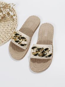 Vacation Slide Sandals For Women, Quilted Pattern Chain Decor Single Band Flat Sandals - Beige - View 5
