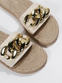 Vacation Slide Sandals For Women, Quilted Pattern Chain Decor Single Band Flat Sandals - Beige - View 7