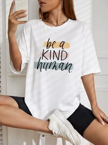 SHEIN EZwear 標語圖案落肩T恤 - 白色 - 查看 1