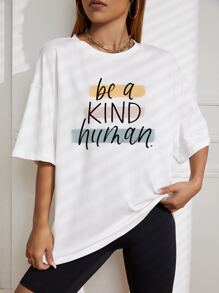 SHEIN EZwear 標語圖案落肩T恤 - 白色 - 查看 4