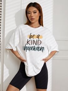 SHEIN EZwear 標語圖案落肩T恤 - 白色 - 查看 5