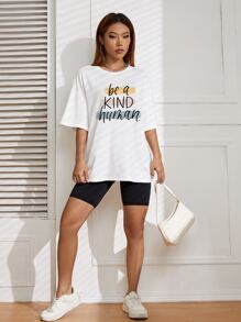 SHEIN EZwear 標語圖案落肩T恤 - 白色 - 查看 6