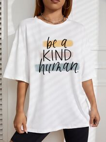 SHEIN EZwear 標語圖案落肩T恤 - 白色 - 查看 7