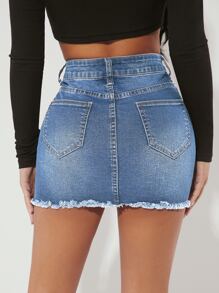 SHEIN PETITE Ripped Raw Hem Denim Skirt - Light Wash - View 2