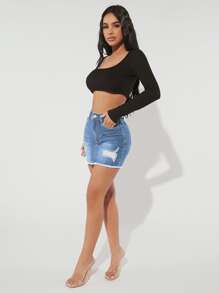 SHEIN PETITE Ripped Raw Hem Denim Skirt - Light Wash - View 3