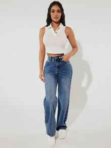 SHEIN PETITE 斜口袋直筒牛仔褲，小碼女款 - 中等水洗藍 - 查看 3