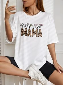 SHEIN EZwear Floral & Letter Graphic Drop Shoulder Tee - White - View 1