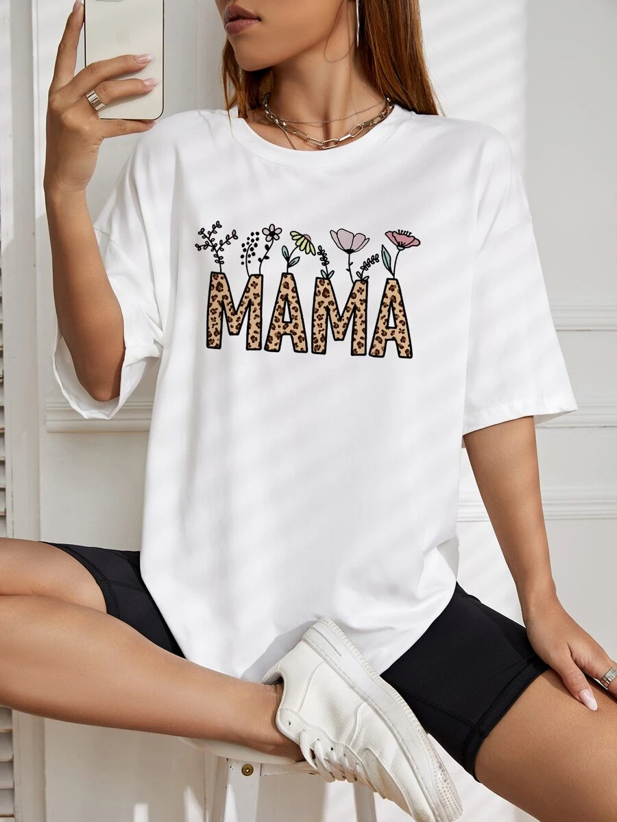SHEIN EZwear Floral & Letter Graphic Drop Shoulder Tee - White - View 1