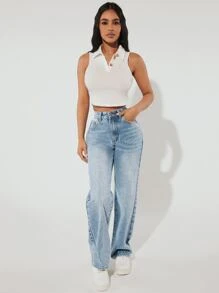 SHEIN PETITE Slant Pocket Wide Leg Jeans - Light Wash - View 3