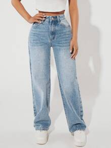SHEIN PETITE Slant Pocket Wide Leg Jeans - Light Wash - View 4