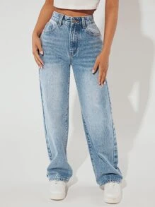 SHEIN PETITE Slant Pocket Wide Leg Jeans - Light Wash - View 5