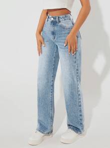 SHEIN PETITE Slant Pocket Wide Leg Jeans - Light Wash - View 6