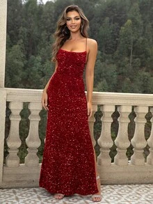 Joyfunear 高衩亮片吊帶連衣裙 - 酒紅色 - 查看 4