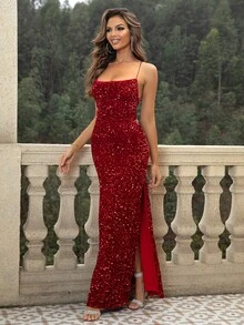 Joyfunear 高衩亮片吊帶連衣裙 - 酒紅色 - 查看 6