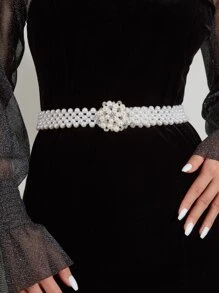 1pc Women Elegant Pearl Waist Chain, Fashionable Silver Rhinestone Floral Pearl Decorated Waist Belt For Evening Dress, Party, Wedding - White - View 1