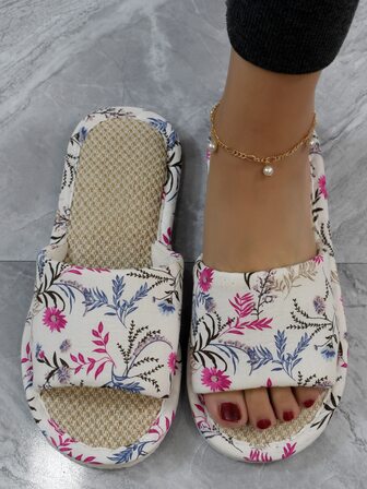 女士單帶花卉圖案滌綸家居拖鞋