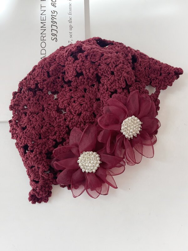 Flower & Faux Pearl Decor Crochet Hat SHEIN USA