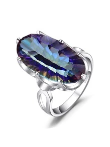 1入組華麗和優雅925純銀精美多面橢圓形凹切巨大自然彩色石英銀戒指適合女士適用於舞會宴會日常裝飾精細首飾類 - 紫色 - 查看 3