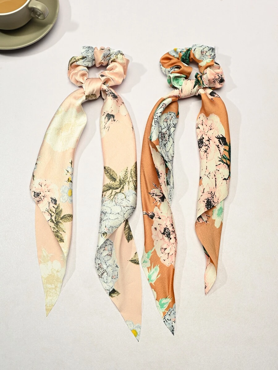 2pcs Floral Pattern Scarf Hair Tie - Multicolor - View 1
