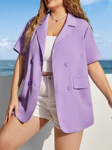 SHEIN EZwear Plus Lapel Neck Double Breasted Blazer - Lilac Purple - View 1