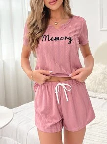 Letter Graphic Notched Neckline Tee & Drawstring Waist Shorts Lounge Set - Dusty Pink - View 1