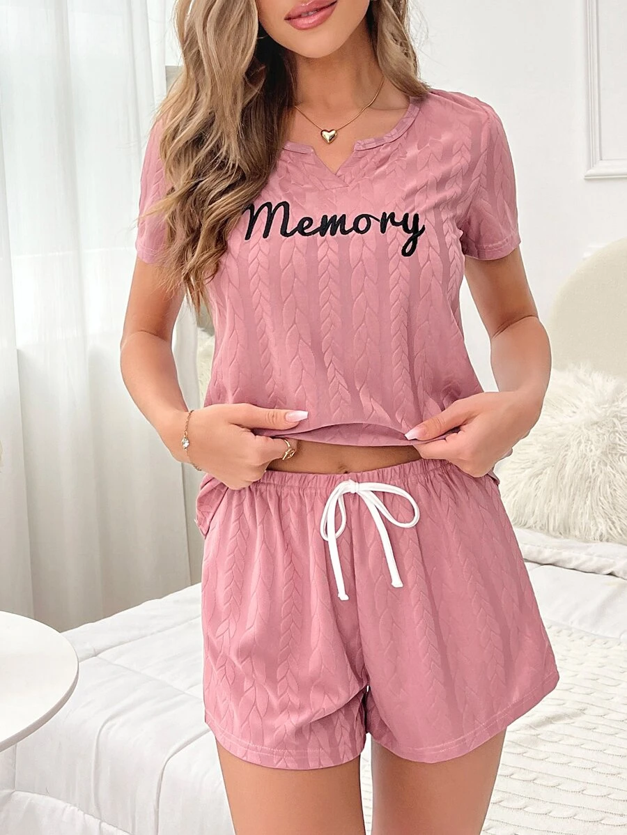 Letter Graphic Notched Neckline Tee & Drawstring Waist Shorts Lounge Set - Dusty Pink - View 1