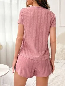 Letter Graphic Notched Neckline Tee & Drawstring Waist Shorts Lounge Set - Dusty Pink - View 2