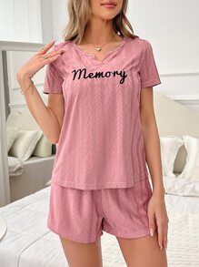 Letter Graphic Notched Neckline Tee & Drawstring Waist Shorts Lounge Set - Dusty Pink - View 4