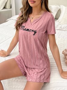 Letter Graphic Notched Neckline Tee & Drawstring Waist Shorts Lounge Set - Dusty Pink - View 5