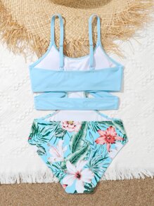 Girls Tropical Print Cut Out One Piece Swimsuit - Baby Blue - View 2