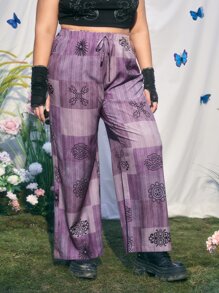 ROMWE Hippie 大碼撞色圖案打結闊腿褲 - 紫色 - 查看 3