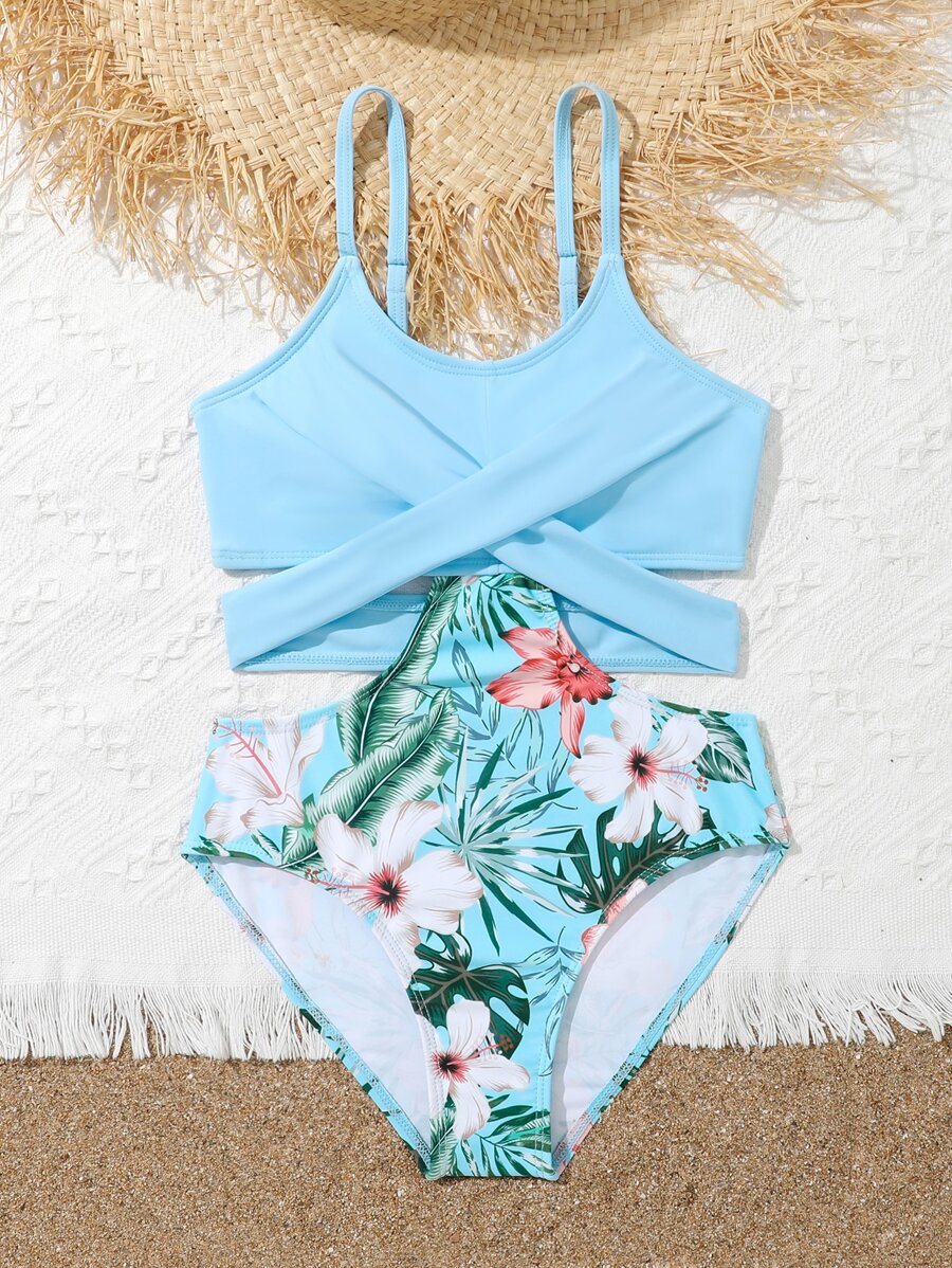 Girls Tropical Print Cut Out One Piece Swimsuit - Baby Blue - View 1