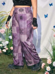 ROMWE Hippie 大碼撞色圖案打結闊腿褲 - 紫色 - 查看 4