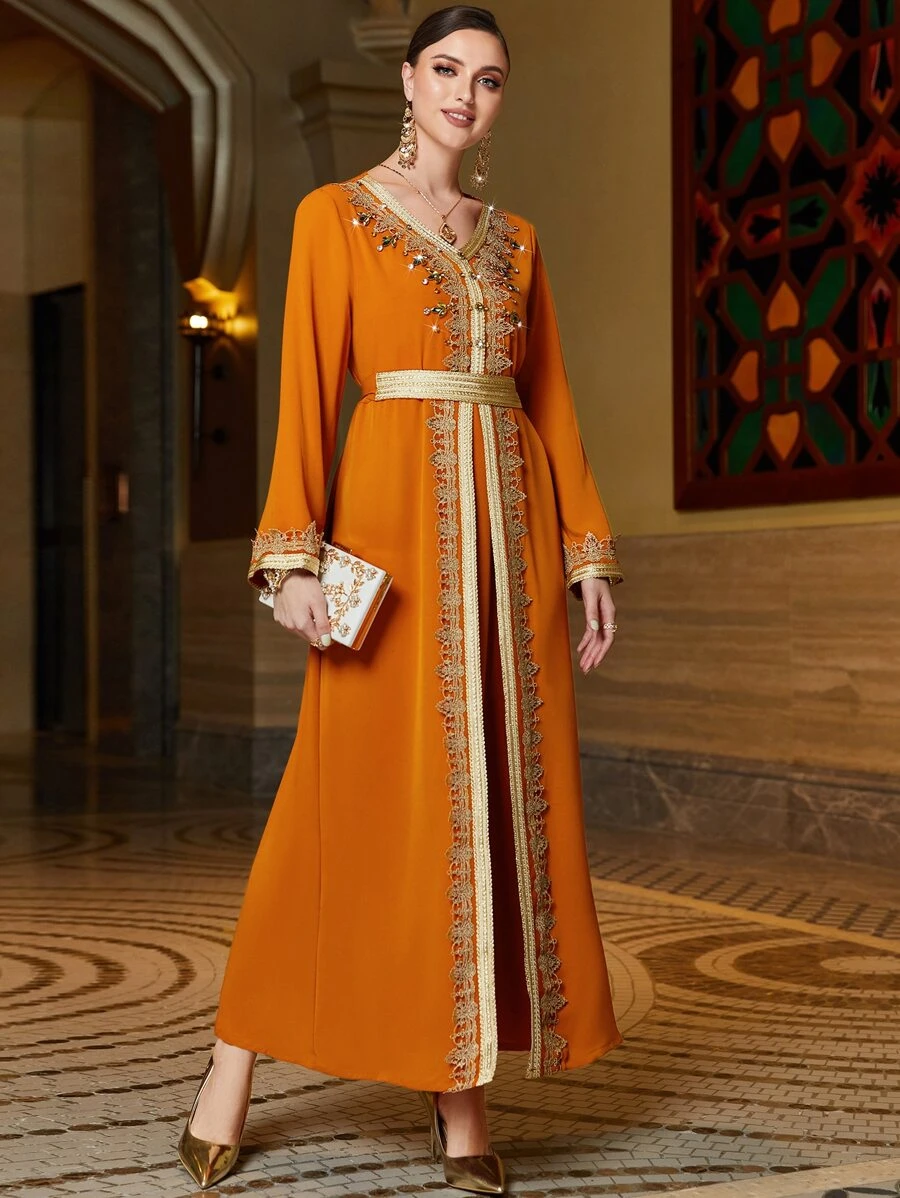 Al Najma Váy Ả Rập Thắt lưng Thêu Pha lê kim cương màu trơn Thanh lịch Khiêm tốn - trái cam - Xem 1