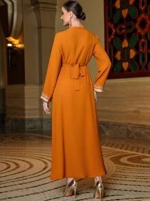 Al Najma Váy Ả Rập Thắt lưng Thêu Pha lê kim cương màu trơn Thanh lịch Khiêm tốn - trái cam - Xem 2