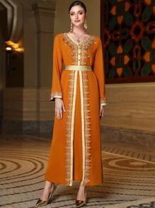 Al Najma Váy Ả Rập Thắt lưng Thêu Pha lê kim cương màu trơn Thanh lịch Khiêm tốn - trái cam - Xem 3