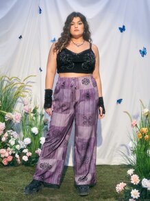 ROMWE Hippie 大碼撞色圖案打結闊腿褲 - 紫色 - 查看 5