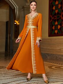 Al Najma Váy Ả Rập Thắt lưng Thêu Pha lê kim cương màu trơn Thanh lịch Khiêm tốn - trái cam - Xem 5