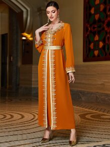 Al Najma Váy Ả Rập Thắt lưng Thêu Pha lê kim cương màu trơn Thanh lịch Khiêm tốn - trái cam - Xem 6