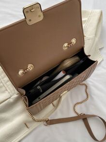 絎縫圖案金屬裝飾方包 - 卡其色 - 查看 5