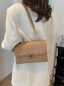 絎縫圖案金屬裝飾方包 - 卡其色 - 查看 6