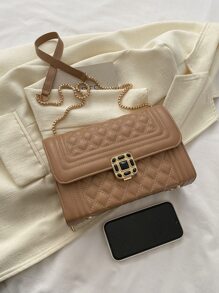 絎縫圖案金屬裝飾方包 - 卡其色 - 查看 7